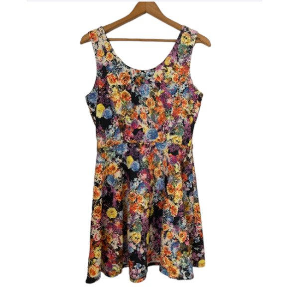 FLORAL Multicolored Dress - Papaya - Colorful Flower Pattern Skater Dress - L - Picture 5 of 7